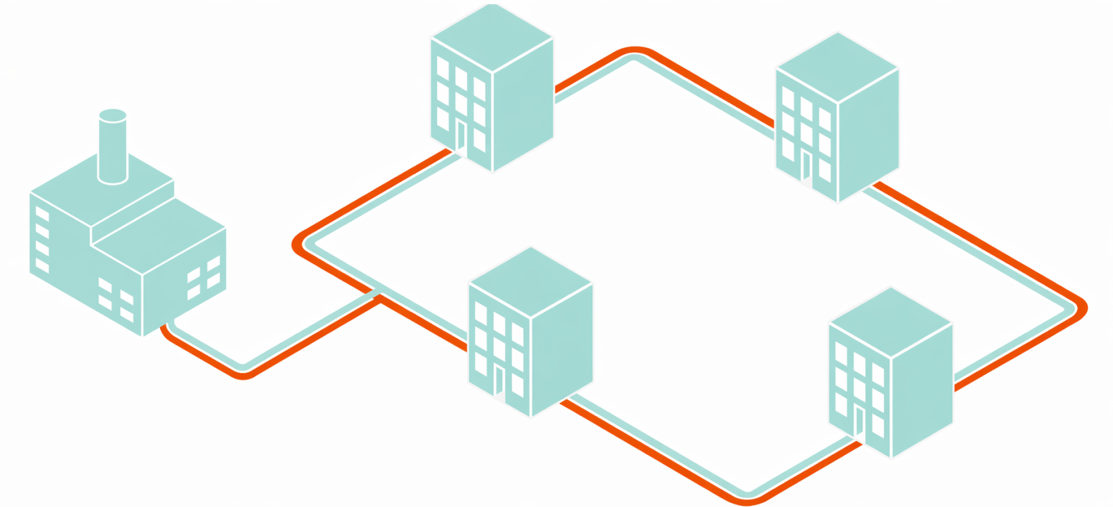Graphic showing cyan buildings on a white background, connected together by orange and turquoise lines looking like heat network pipes. banner image